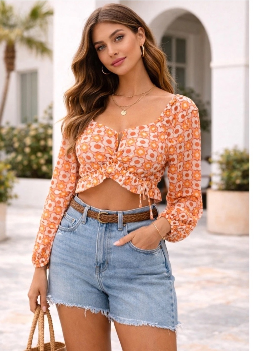 Madden NYC peach floral cropped y2k top XL